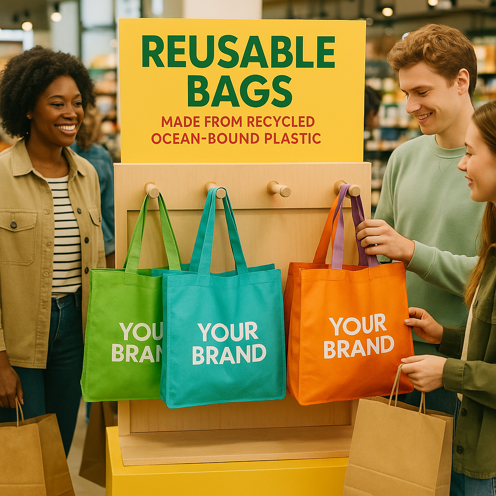 A vibrant retail display featuring reusable rPET s